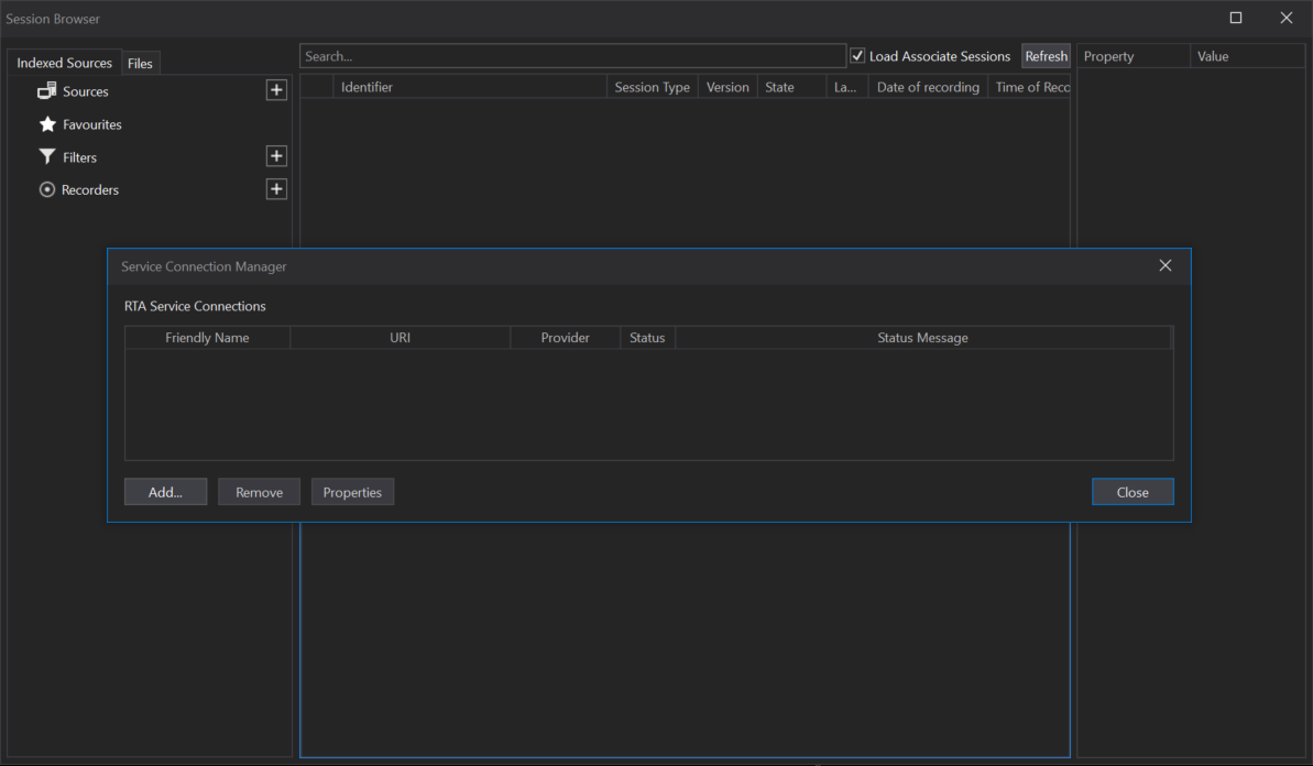 ATLAS Session Browser - Service Connections dialog